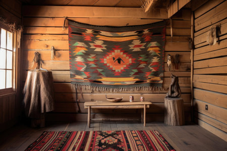 navajo rug hanging on a rustic wooden wall, created with generative aiの素材