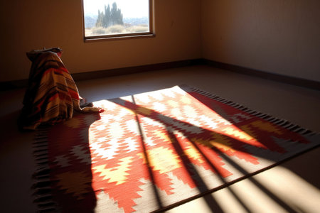 sunlight casting shadows over a finished navajo rug, created with generative aiの素材