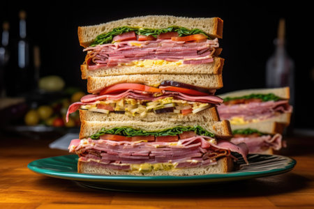 sliced and stacked sandwich ready to serve, created with generative aiの素材