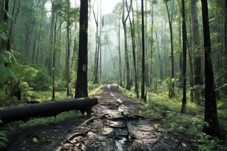 charred remains of rainforest after a slash-and-burn operation, created with generative aiの素材