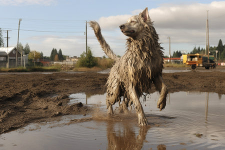 dog shaking water off next to a muddy puddle, created with generative aiの素材