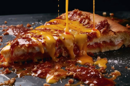 close-up of half-eaten pizza with melting cheese, created with generative aiの素材