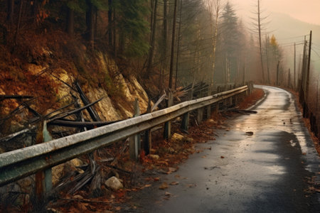 destroyed guardrails along muddy mountain road, created with generative aiの素材