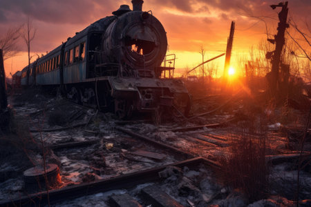 sun setting behind wreckage of old train, created with generative aiの素材
