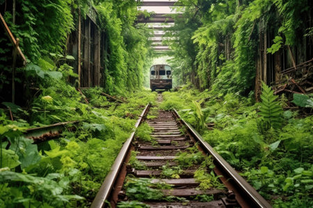 overgrown train tracks leading to derailed train, created with generative aiの素材