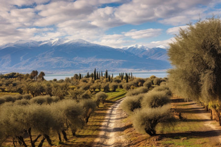 scenic landscape of olive orchard with mountains in the distance, created with generative aiの素材
