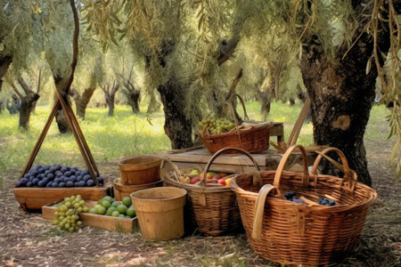 olive picking tools and baskets in the orchard, created with generative aiの素材
