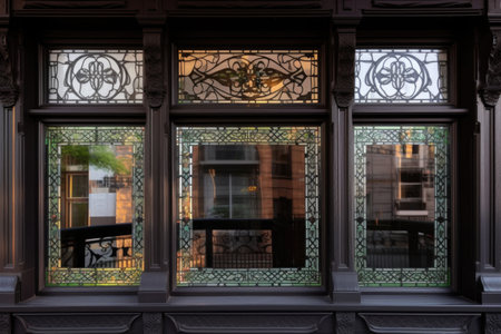 close-up of intricate window frame design with glass panes, created with generative aiの素材