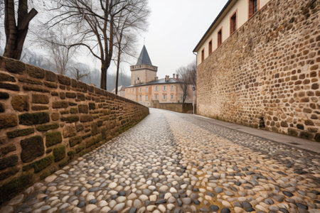 fascinating detail of a cobblestone pathway leading to a castle, created with generative aiの素材