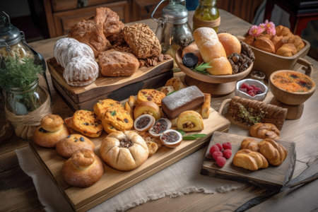 a rustic wooden board with a variety of freshly-made pastries and sweets, created with generative aiの素材