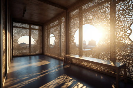 3d rendering of intricate window design, with sunlight streaming through the windows, created with generative aiの素材