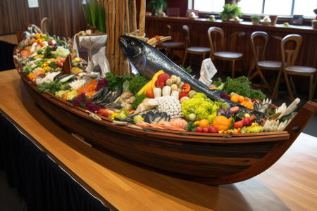 sushi boat, with different kinds of fish and vegetables artfully arranged, created with generative aiの素材