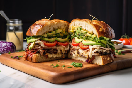 artisanal sandwich, overflowing with fillings and toppings, created with generative aiの素材