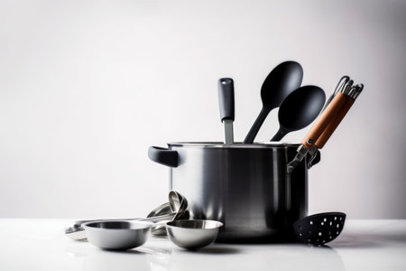 row of cooking utensils in a minimalist, white background setting, created with generative aiの素材