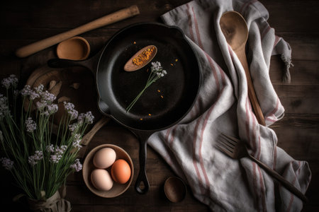 simple, rustic flatlay with wooden spoon and cast-iron skillet, created with generative aiの素材