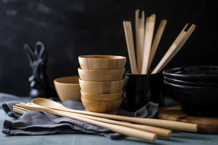 stack of bamboo cooking utensils with chopsticks and spatula, created with generative aiの素材