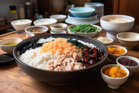 a bowl of deconstructed sushi with rice, fish, and other ingredients in separate piles, created with generative aiの素材