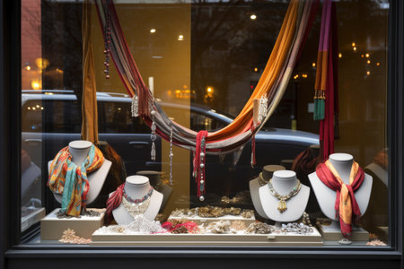 window display with jewelry, scarves, and belts for the holiday season, created with generative aiの素材