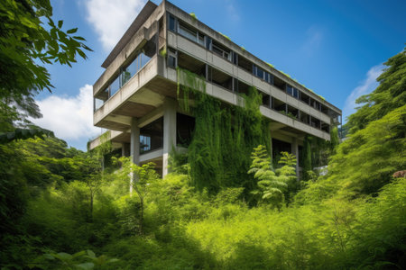modern building, surrounded by lush greenery, with clear blue sky in the background, created with generative aiの素材
