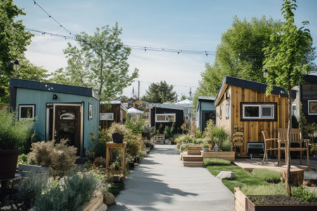 a tiny home community with communal gardens and shared spaces, created with generative aiの素材