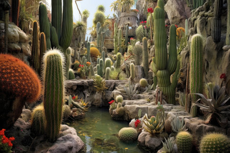 cactus garden with various species and interesting shapes, created with generative aiの素材