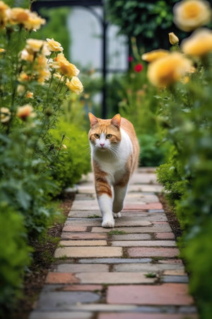 cat walking gracefully across a garden path, created with generative aiの素材