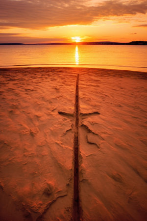 check mark drawn in sand at the beach during sunset, created with generative aiの素材