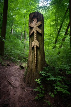 check mark carved into a tree trunk in a forest, created with generative aiの素材