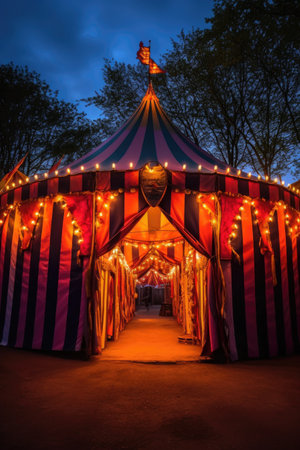 circus tent entrance with glowing lights at twilight, created with generative aiの素材
