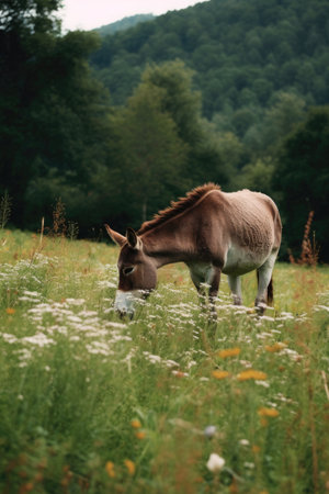 donkey grazing in a lush green field, created with generative aiの素材