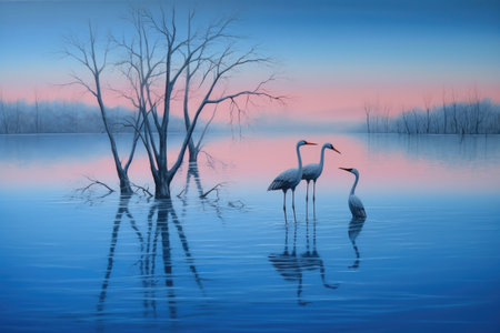 flamingos wading in a serene blue lake, created with generative aiの素材