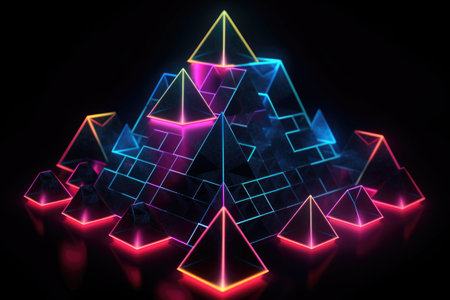 glowing neon geometric shapes on a dark background, created with generative aiの素材