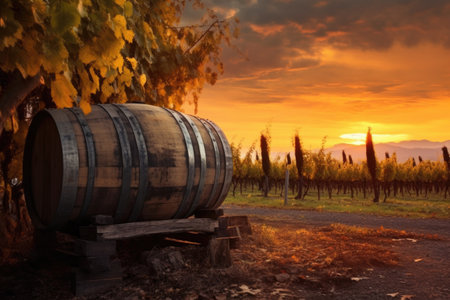 aged wooden barrel in a vineyard at sunset, created with generative aiの素材