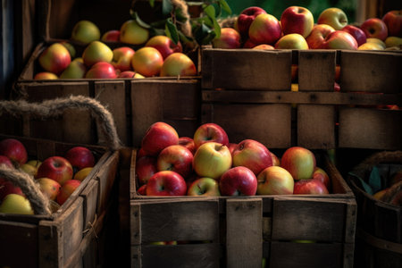 close-up of ripe apples in wooden crates, created with generative aiの素材