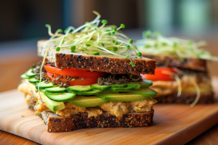 vegetarian sandwich with hummus, cucumber, and sprouts, created with generative aiの素材