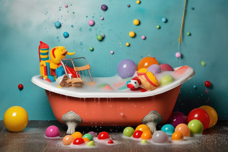 colorful empty baby bathtub with bubbles and toys, created with generative aiの素材