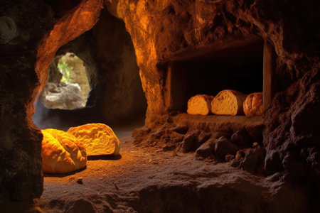 golden crust bread loaves in open stone oven, created with generative aiの素材