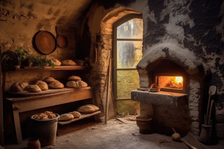 stone oven with open door revealing bread inside, created with generative aiの素材