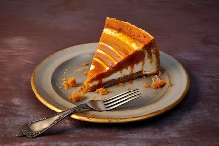 half-eaten pumpkin pie with fork on plate, created with generative aiの素材