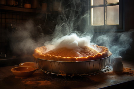 steam rising from freshly baked pumpkin pie, created with generative aiの素材