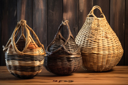 handmade baskets in different shapes and sizes, created with generative aiの素材