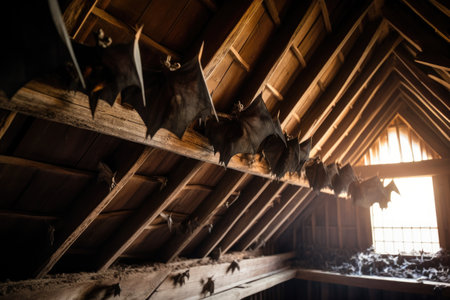 close-up of bats hanging on attic beams, created with generative aiの素材