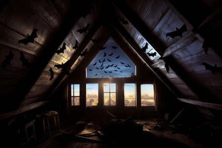 bat silhouettes against attics moonlit window, created with generative aiの素材