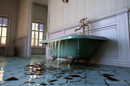 water pouring over edge of tub, creating puddle on tiles, created with generative aiの素材