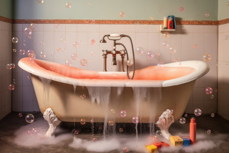 bathtub ring stain with soap bubbles around it, created with generative aiの素材