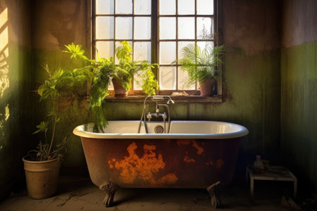 stained bathtub with plant shadows creating ambiance, created with generative aiの素材