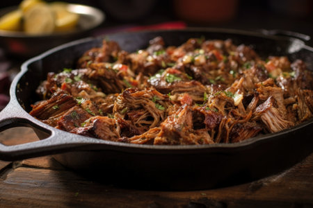 juicy bbq pulled pork in a cast iron pan, created with generative aiの素材