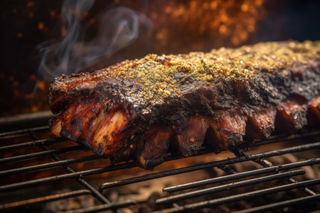 close-up of smoking bbq ribs in a smoker, created with generative aiの素材