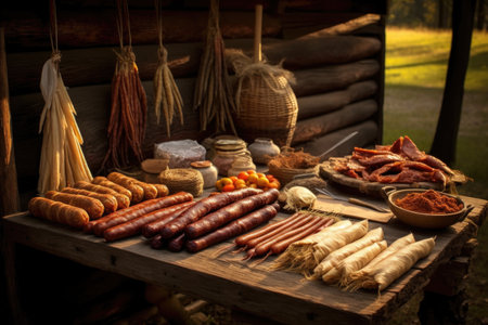 variety of sausages on an outdoor picnic table, created with generative aiの素材