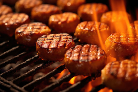 close-up of sausages sizzling on hot grill grates, created with generative aiの素材